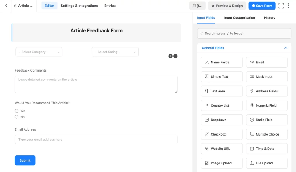 Adding input fields in Fluent Forms